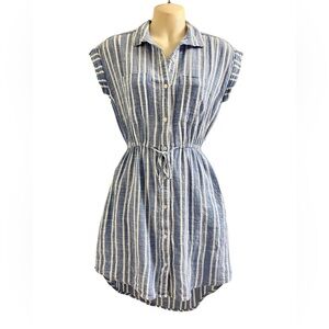 Blue White Striped Dress Lightweight Beachy Tie Waist Size XS‎ Pockets Button